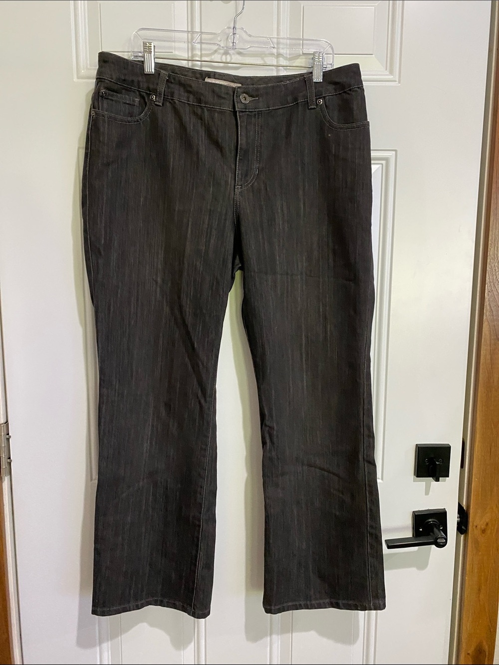 Chico's Dark Charcoal Flare Jeans with Subtle Pinstripe